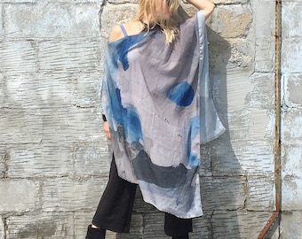 Fashion Poncho for Women, Blue Grey Poncho, Multicolour Top, Womens Stylish Wrap, Lightweight Poncho, Summer Outfit, Beach Coverup for Her