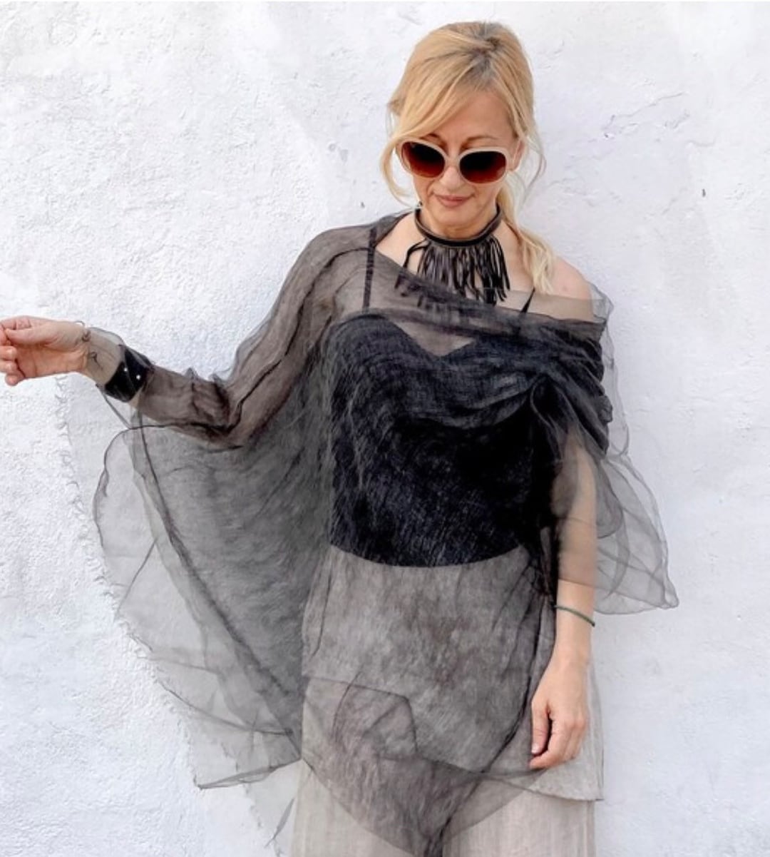 Plus Size Sheer Silk Organza Black Tulle Poncho Loose Cotton Top, Gauze