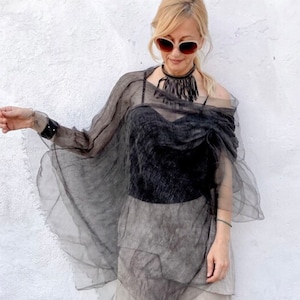 Poncho de tule preto de organza de seda transparente plus size | Top de algodão solto, cobertura de praia de gaze, envoltório de noiva leve, cachecol de verão