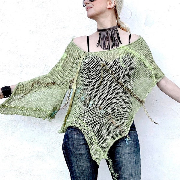 Sage Cotton Silk Knitted Poncho Cover Up, Bohemian Knit Baiting Suit Cover Up, Boho Summer Poncho, Festival Clothing Fairycore SpringShawl