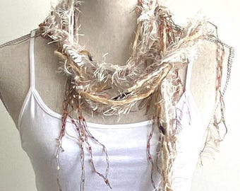 Tribal Yarn Ivory White Necklace or Belt With Fringes, bohemian eyelash yarn fibre bib necklaces, distressed fringe scarf, boho ribbon scarf