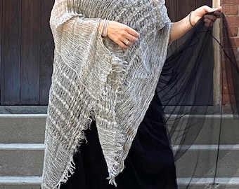 Linen Silver Grey Summer Poncho  | Loose Shawl, Sheer Bridal Shawl, Plus Size Cape, Boho wrap, Linen Loose Fit Top, Linen Wedding Cover Up