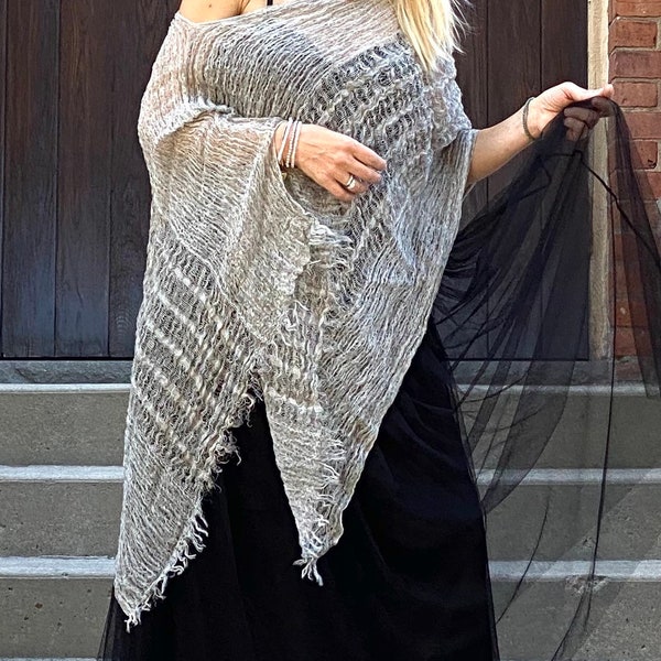 Linen Silver Grey Summer Poncho  | Loose Shawl, Sheer Bridal Shawl, Plus Size Cape, Boho wrap, Linen Loose Fit Top, Linen Wedding Cover Up