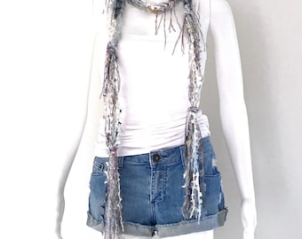 Bohemian Silver Blue Indie Yarn Necklace or Belt With Fringes, eyelash yarn fibre bib necklaces, distressed fringie scarf, boho ribbon scarf