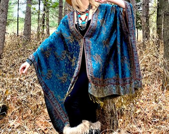 Teal Brown Paisley brocade light kimono robe with snaps button, oversized reversible cardigan duster, plus size cover up, silky boho coat.