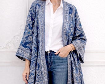 100% Merino Wool Kimono with Pockets, Plus Size Hand Embroidered Long Sleeve Paisley Boho Cardigan, Fringe Wearable Art Jacket, Slow Fashion