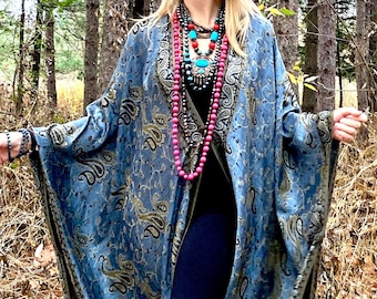 Denim Blue Olive jacquard kimono 6xl top with snaps buttons, oversized reversible cardigan duster plus size cover up poncho silky boho coat