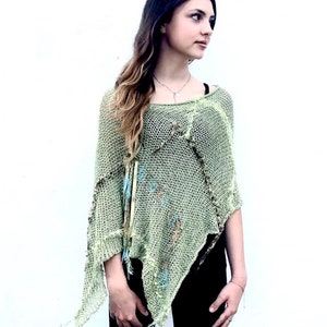 Bohemian Pastel Green Knitted Cover Up with fringes for Women and Teen Girls |  Sage Cotton Shawls, Boho Summer Poncho, Festival Clothing
