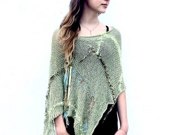 Bohemian Pastel Green Knitted Cover Up with fringes for Women and Teen Girls |  Sage Cotton Shawls, Boho Summer Poncho, Festival Clothing