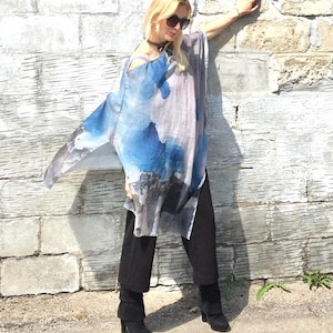 Boho Wrap für Frauen |  Blauer grauer Wickelrock, fließender Kimono-Wickel, übergroße Wickel-Vertuschung, Sarong