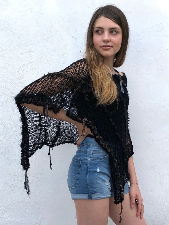 Black Shawl - Post Apocalyptic - Fallout Cosplay - Cyberpunk Clothing, Distressed Gothic Knit Top