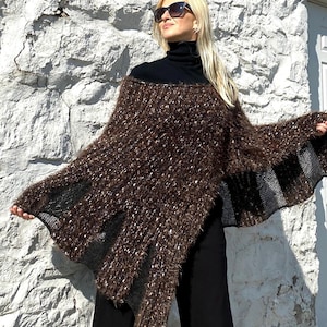 Alpaca Knit Ruffle Poncho. Oversized Knit Wrap. Warm Knit Cape. Fall Knit Shawl Black Brown