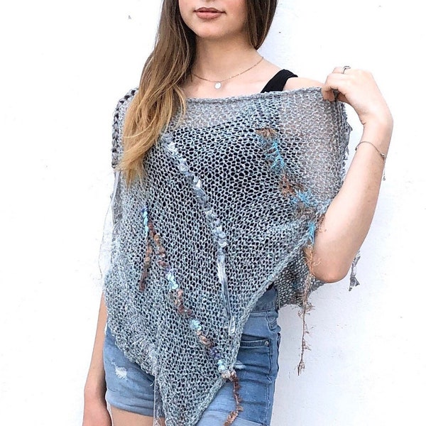 Sheer Boho Knitted Shawl for Women | Distressed Loose Knit Summer Wrap Poncho, Hippie Clothing, Bohemian Tops With  Tassels for Girls,