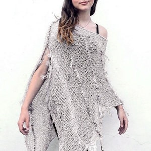 Boho Linen Loose Knitted Baiting Suit Cover Up With Fringes, Open Weave Plus size Poncho, Sheer Knit Destination Wedding Wrap, Hand Knitted