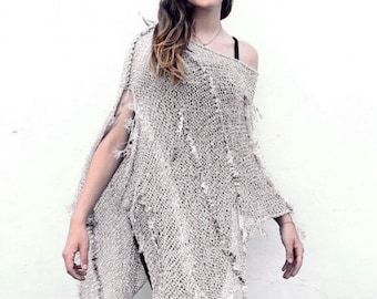 Boho Knit Wrap Shawl for Women |  Distressed Summer Wrap Poncho, Hippie Clothing, Bohemian Tops for Girls, Gypsy Cover Up with Fringes