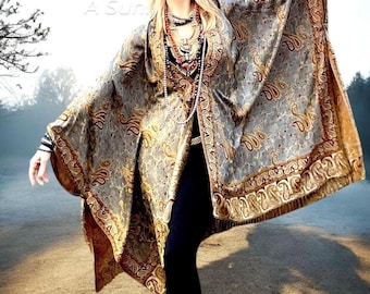 Silver Gold 5Xl brocade paisley kimono with buttons, 6Xl oversized reversible cardigan duster plus size cover up poncho, 4Xl silky boho coat