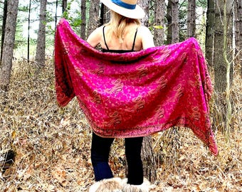 Hot pink brocade paisley pashmina wide scarf with buttons, silky oversized wrap, wedding cover up, jacquard pashmina bohemian tasseled stole