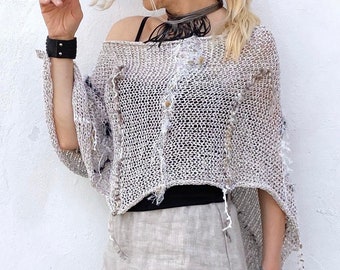 Boho cremefarben Leinen gestrickte Cover Up mit Fransen für Frauen und Teenager Mädchen | Elfenbeinfarbene Baumwolle Schals, Boho Sommer Poncho, Festival Kleidung