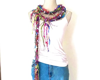 Bohemian Rainbow Indie Yarn Necklace or Belt With Fringes, eyelash yarn fibre bib necklaces, distressed fringie scarf , boho ribbon scarf