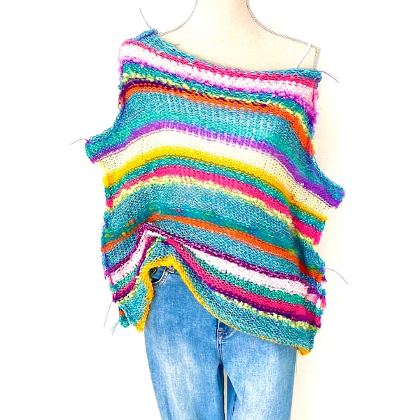 Y2K Fashion Neon Colours Bright Striped Hand Knit Sweater, 80s Rainbow Knitted Boxy Pullover, Vintage Core Ladies Vest, Oversized S- 6XL Top