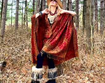 Rusty Red Olive brocade kimono with snaps buttons, Brick oversized reversible cardigan duster 3xl plus size cover up poncho, silky boho coat