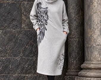 Hand Painted Wing Sweatshirt Dress, Oversized Wearable Art Dress, Warm Grey Cowl Neck Plus Size Dress, Cotton Blend Dress