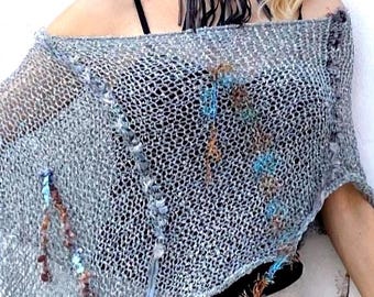Boho Blue Green Mesh Knit Wrap Shawl for Women |  Open Weave distressed Summer Wrap Poncho with fringes Hippie Clothing, Bohemian Tops for G