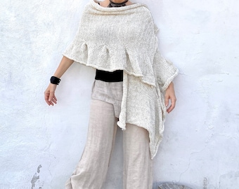 Cozy Warm Knit Bridal Wrap with Ruffles, Knitted Bridesmaid Cover Up, Ivory knitted shawl, Knit Ruffled Cover Up, Soft Slouchy Top