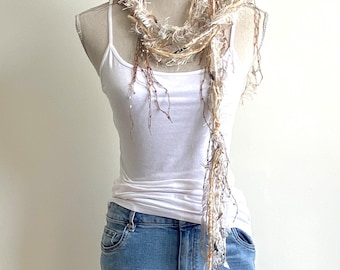 Bohemian Off White Indie Yarn Necklace or Belt With Fringes, eyelash yarn fibre bib necklaces, distressed fringie scarf , boho ribbon scarf