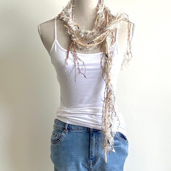 Bohemian Off White Indie Yarn Necklace or Belt With Fringes, eyelash yarn fibre bib necklaces, distressed fringie scarf , boho ribbon scarf