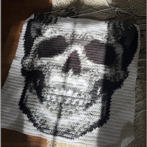 May include: A crocheted skull blanket in shades of white, gray, and black. The skull design is centered on the blanket, with the eye sockets and nose cavity in dark gray. The blanket is made of a soft, textured yarn.