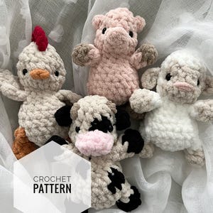 May include: Crochet pattern for a set of four farm animal plush toys: a pink pig, a white sheep, a brown and white cow, and a beige chicken with a red comb.