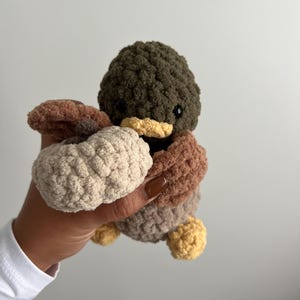 May include: A crocheted plush toy shaped like a duck holding a crocheted acorn. The duck is green, brown, and yellow. The acorn is beige.