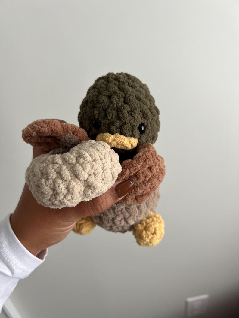 May include: A crocheted plush toy shaped like a duck holding a crocheted acorn. The duck is green, brown, and yellow. The acorn is beige.