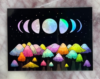 Holographic Moons Sticker, Mushroom Sticker,  Hippie Sticker, Hippy Sticker, Mushroom, Laptop Sticker - Waterproof + Vinyl