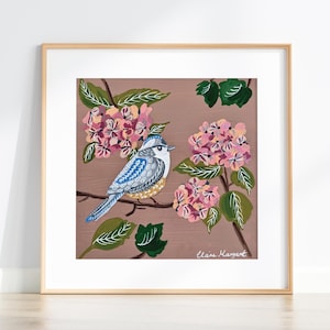 Spring Bird Art Print From Original Painting, Gouache Wall Art, Cottagecore Folk Art Bird Gift, Blue Bird Painting, Pink Hydrangea Painting