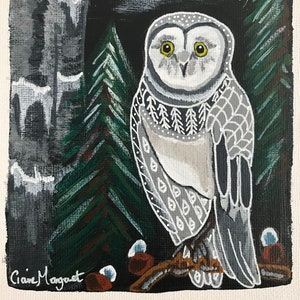 Coruja de inverno de arte popular original, arte em tela acrílica, coruja pintada à mão, presente para amantes de corujas, pintura de pássaros de artistas populares, coruja noturna de inverno