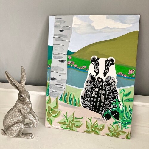 Original Folk Art Badger | Gouache On Gesso Board | Folk Art | Hand Painted | Animal Art | Folk Artist | Original shops Painting | County Art