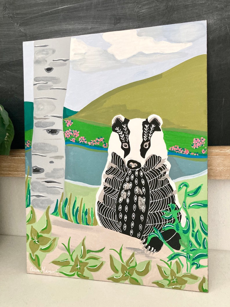 Original Folk Art Badger | Gouache On Gesso Board | Folk Art | Hand Painted | Animal Art | Folk Artist | Original shops Painting | County Art