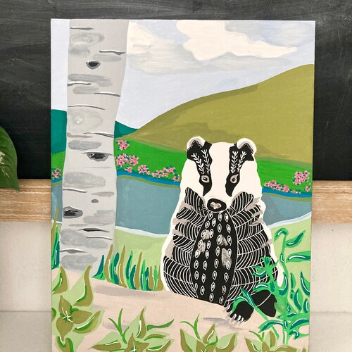 Original Folk Art Badger | Gouache On Gesso Board | Folk Art | Hand Painted | Animal Art | Folk Artist | Original shops Painting | County Art