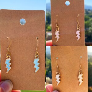 Lightning Bolt Dangle Earrings in Three Colors-Blue, Pink, and White, Lightning Earrings, Lightning Bolt Earrings, Dangle Earrings