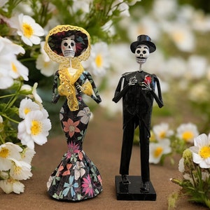 Catrin and Catrina Dia De Los Muertos Sculptures Paper Mache Handmade Halloween Figures