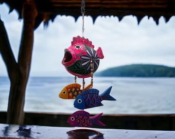 Tropical Fish Hanging Decoration Artisan Made Handpainted Coconut Blowfish