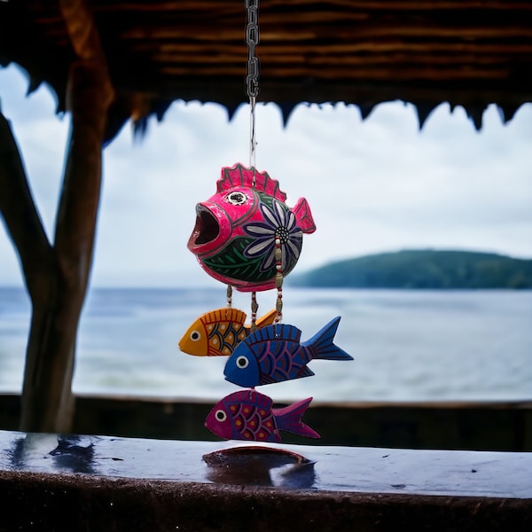 Tropical Fish Hanging Decoration Artisan Made Handpainted Coconut Blowfish
