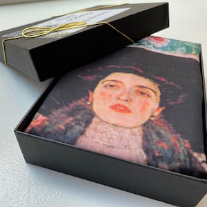 Klimt Gift Art Lover Scarf in Gift Box - Silky Art Scarves Shawls - Adele- Elegant Black Gift Box with Golden Loop and Card