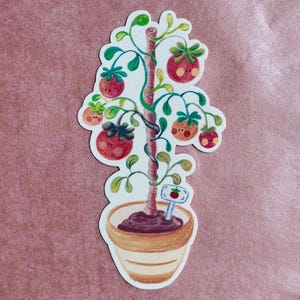 May include: A whimsical sticker featuring a cartoon tomato tree in a pot. The tree has red tomatoes with smiling faces, green leaves, and a sign with a tomato illustration. The pot is beige with brown soil.