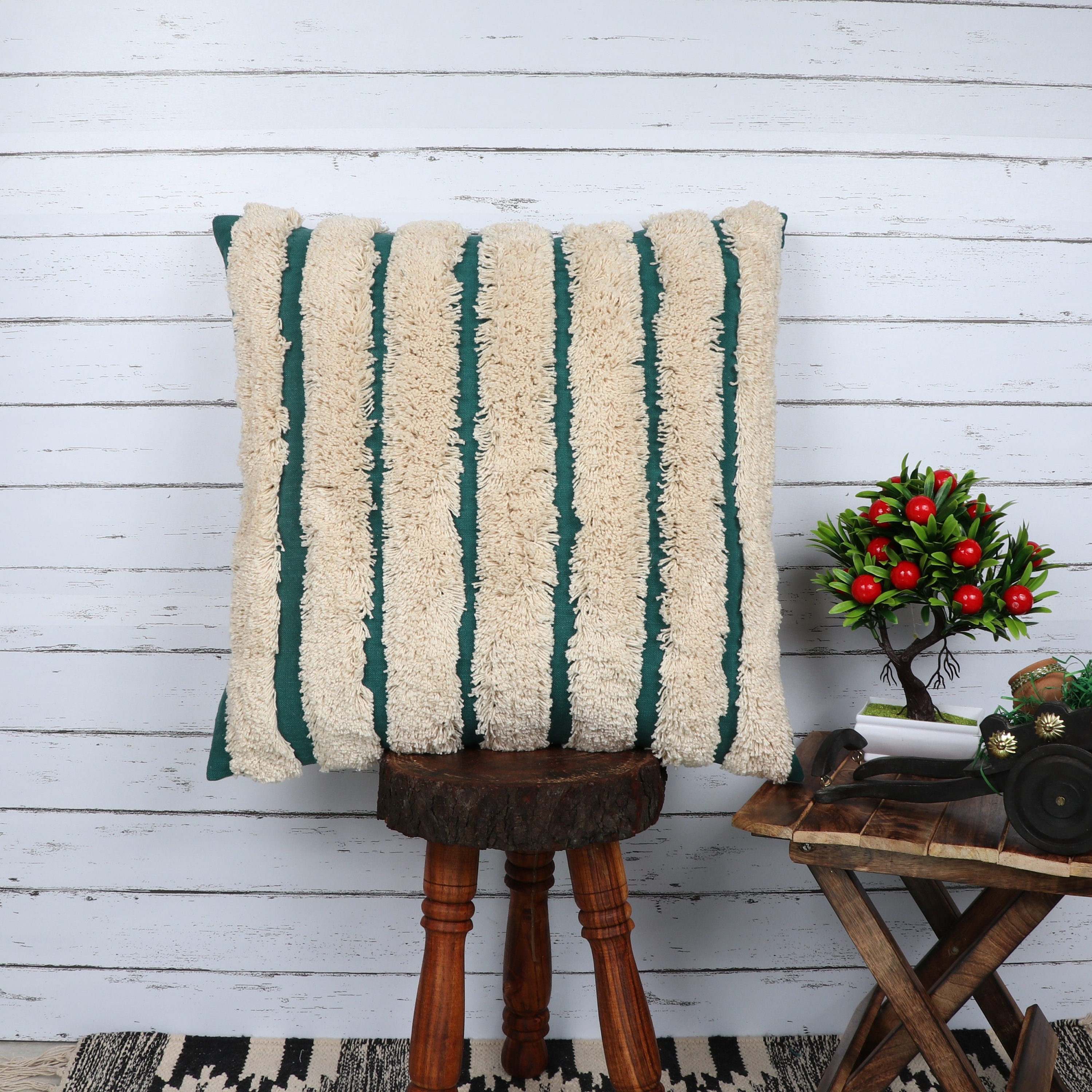 White Green Fringe Cushion Cover 20x20 Inches Textured Etsy