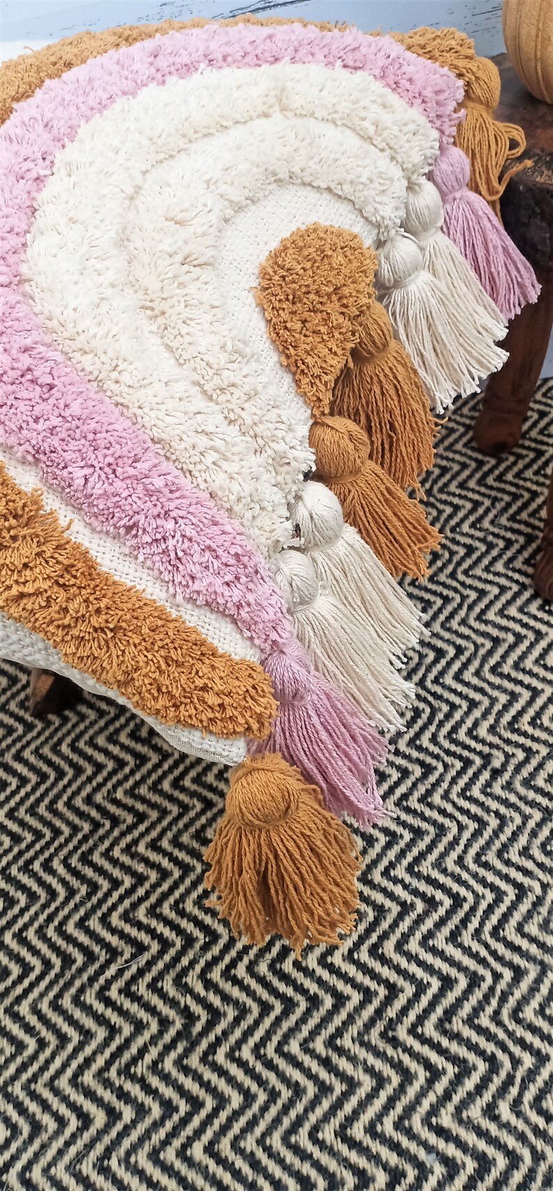 Pink Mustard Yellow & Natural White Tassels Pillow Cover Boho Etsy