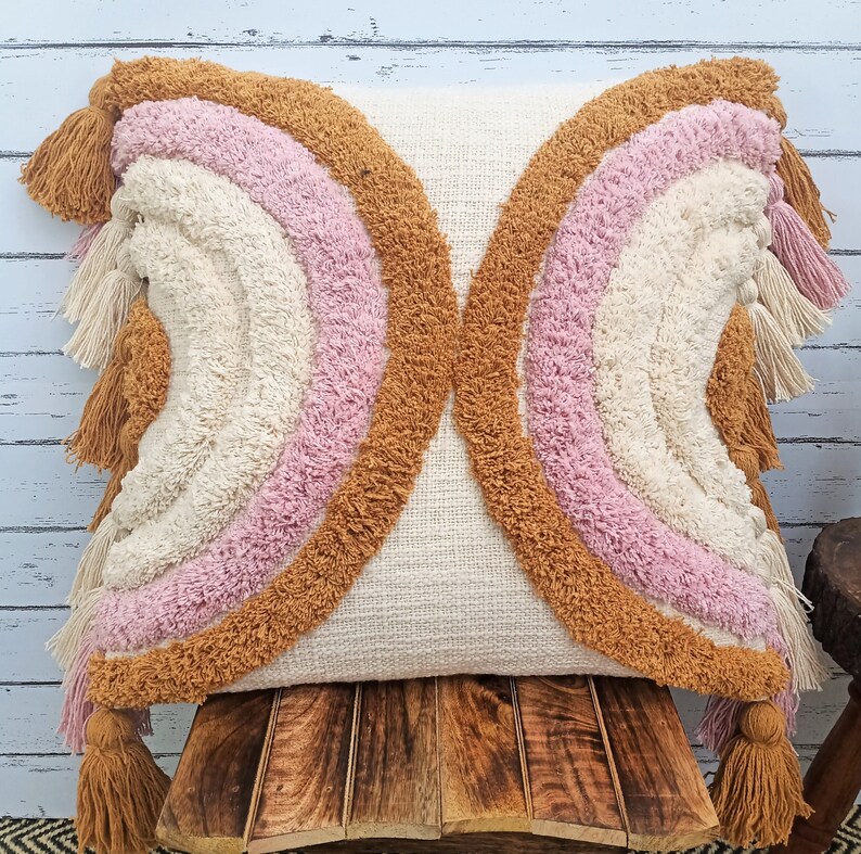 Pink Mustard Yellow & Natural White Tassels Pillow Cover Boho Etsy
