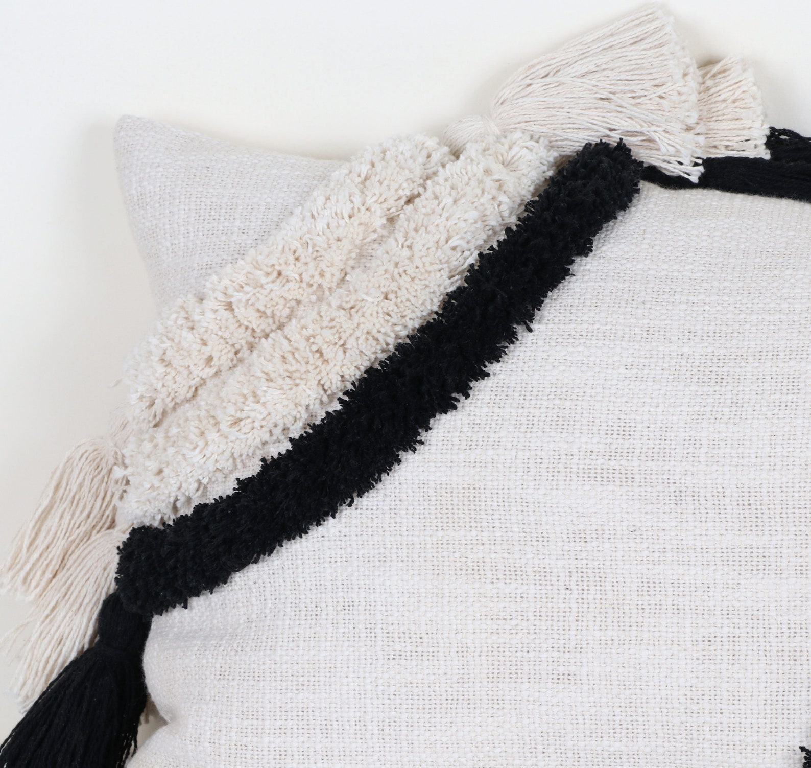 Natural White & Black Tassels Pillow Cover Boho Tufted Etsy